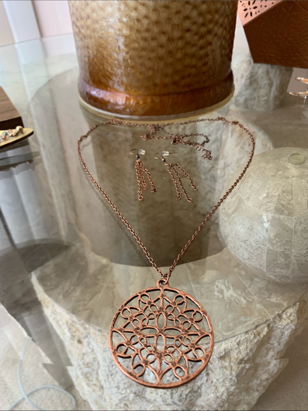 Delicate Bronze Openwork Medallion Necklace with Drop Earrings